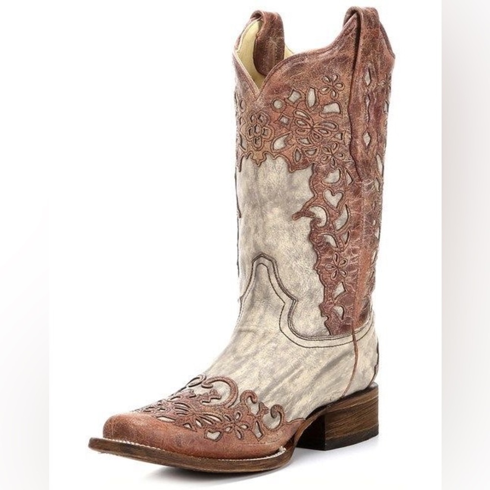 Corral Lace Overlay Leather Square Toe Cowgirl Boots - Picture 2 of 11